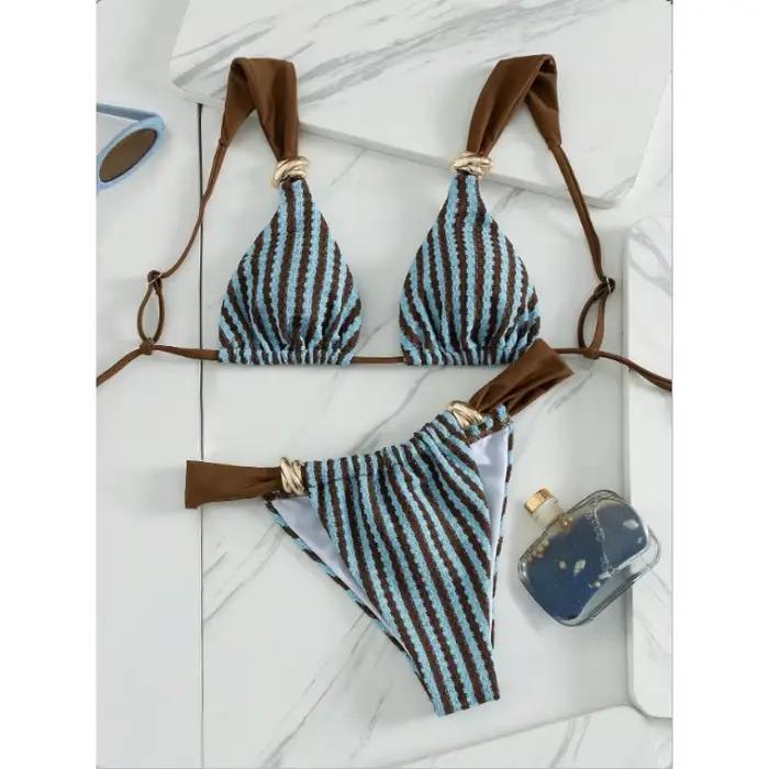 Maillot de bain bikini rayé pour femme, ensemble deux pièces, tendance, à lacets, pour les vacances,