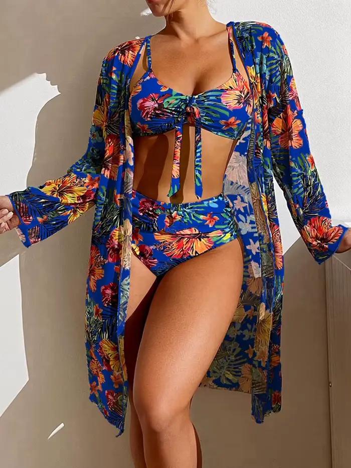 Maillot de bain en maille à imprimé floral pour femmes, bikini 3 pièces, chemisier à manches longues