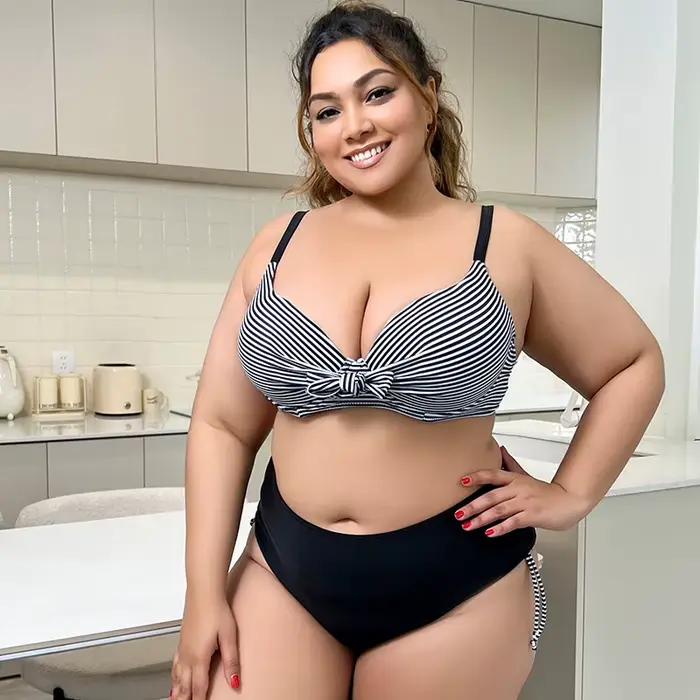 Maillot de bain brésilien à rayures, grande taille, ensemble deux pièces, fendu, culotte taille haut