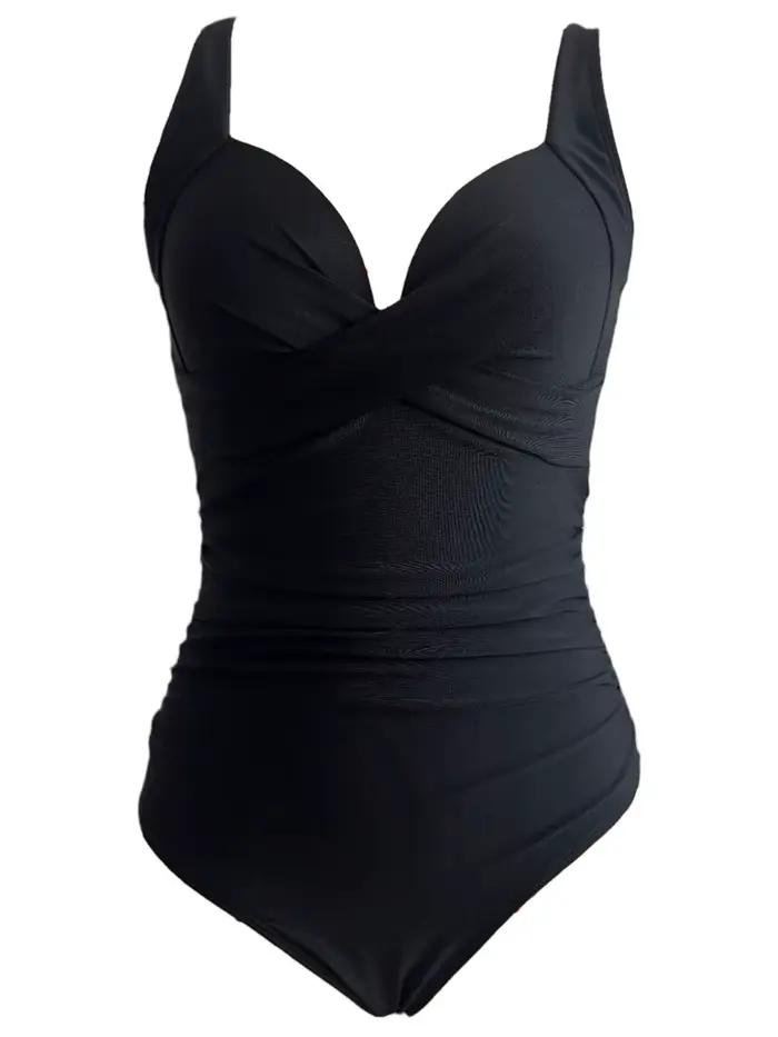 Maillot de bain froncé uni pour femmes, une pièce, couleur unie, vêtements de plage, pour baigneurs,