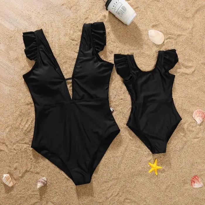 Tenues Assorties Mère et Fille Été 2026 – Maillot de Bain Une Pièce Femme et Fille à Volants, Taille