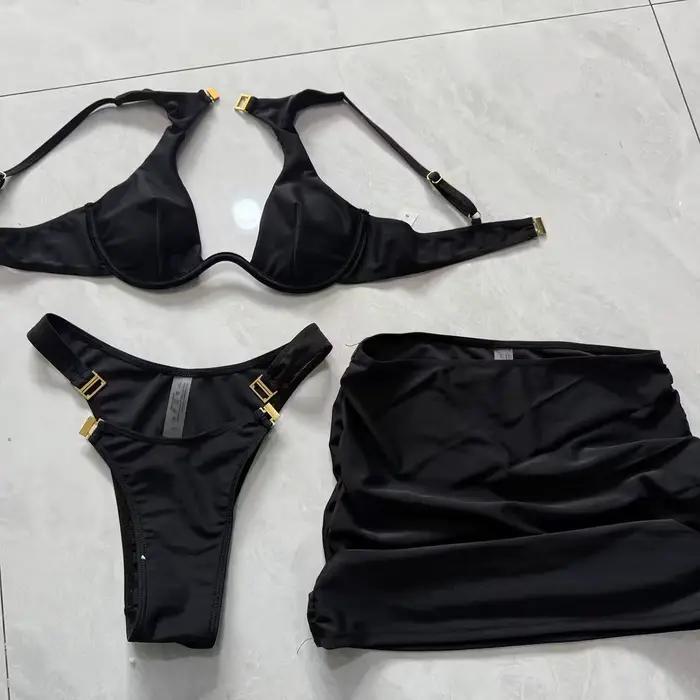 Ensemble bikini 3 pièces pour femme, maillot de bain sexy push-up, tenue de plage avec jupe et paréo
