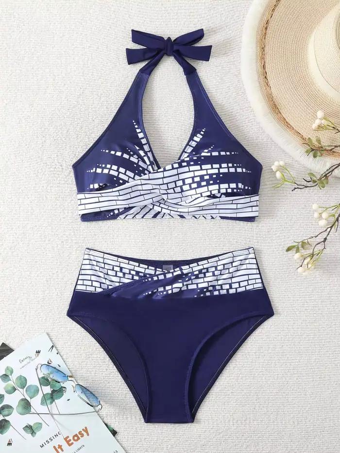 Ensemble de bikini halter taille haute pour femme 2026, maillot de bain modeste à effet ventre plat,