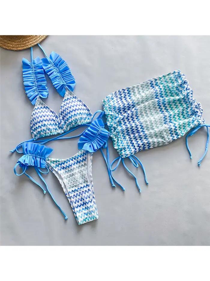 Maillot de bain femme trois pièces avec jupe ondulée à volants, ensemble bikini V5235