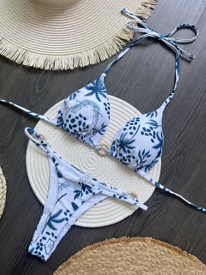 2025 Tropical Palm Print réglable cravate côté Bikini ensemble pour femmes Sexy maillots de bain deu