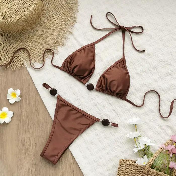 2026 Ensemble de bikini sexy pour femme, maillot de bain halter festonné, style brésilien à nouer, u