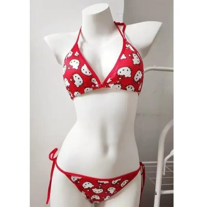 Maillot de bain Hello Kitty d'été pour femme, ensemble bikini sexy, motif dessin animé Sanrio, maill