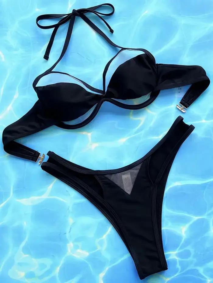 Maillot de bain en maille pour femmes, soutien-gorge à armatures, col licou, culotte taille haute, e