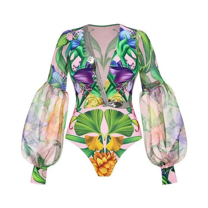 Maillot de bain une pièce imprimé Floral vert Vintage, ensemble jupe longue pour femmes, Sexy, maill
