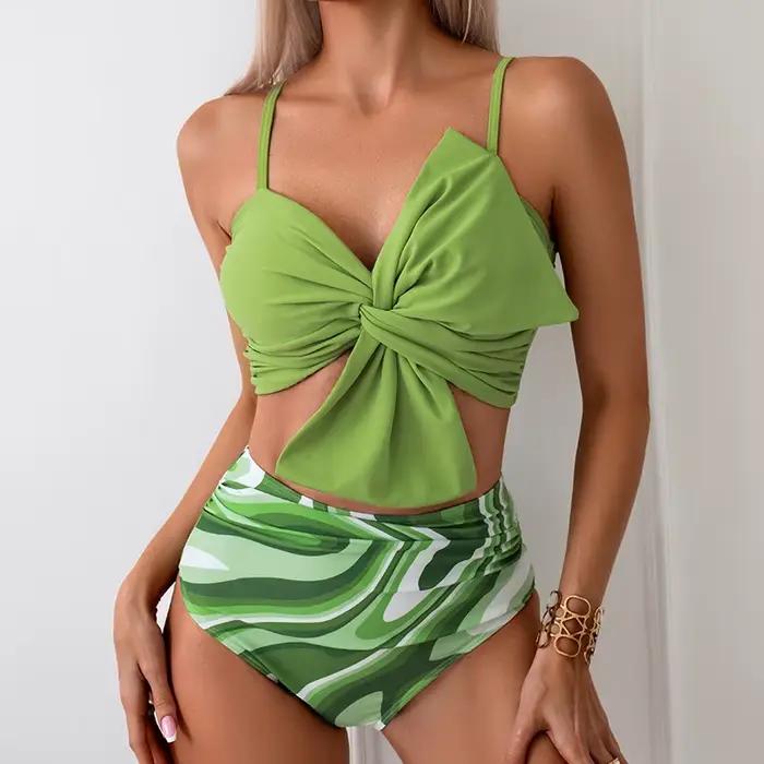 Bikini à nœud imprimé pour femmes, maillot de bain taille haute, maillot de bain rembourré pour femm