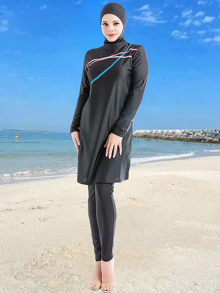 Maillot de Bain Musulman à Manches sulfpour Femme, Burkini Islamique Modeste, Patchwork, Hijab, deho