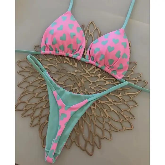 Maillot de bain imprimé Vintage pour femmes, ensemble deux pièces, col licou, tongs à lacets, Push U