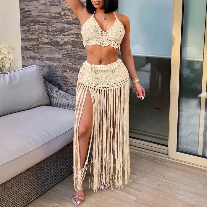 Haut de maillot de bain et jupe de plage à pampilles pour femmes, crochet solide, évider, couverture