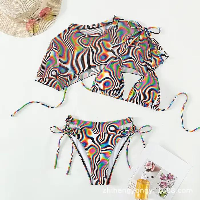 Nouvel ensemble bikini 3 pièces sexy pour femme 2026, maillot de bain en maille holographique à noue