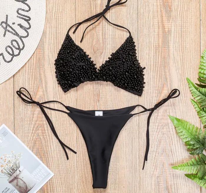 Bikini blanc nacré 2021 pour femme, maillot de bain sexy dos nu à lacets, micro mini rose, ensemble 