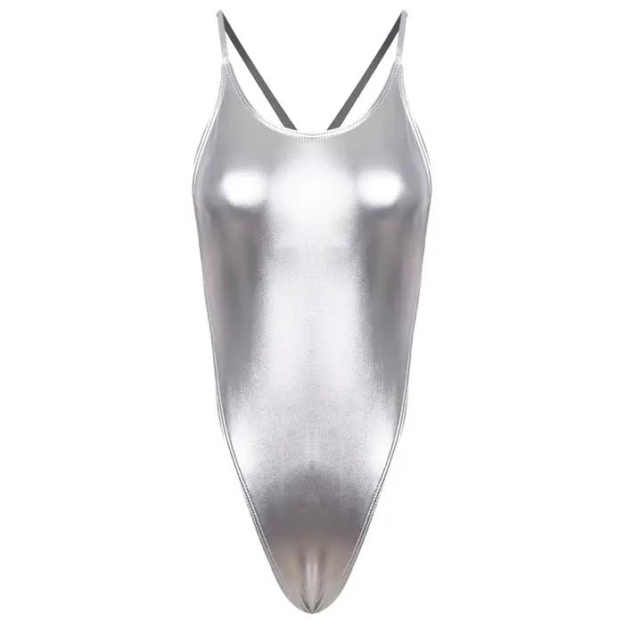 Maillot de bain une pièce pour femme, effet peau de serpent, métallisé brillant, dos nu, coupe haute
