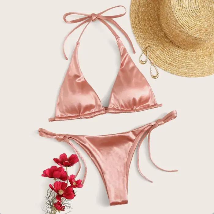 Maillot de bain brésilien en satin, col licou, coupe triangle, taille basse, bandage, ensemble deux 