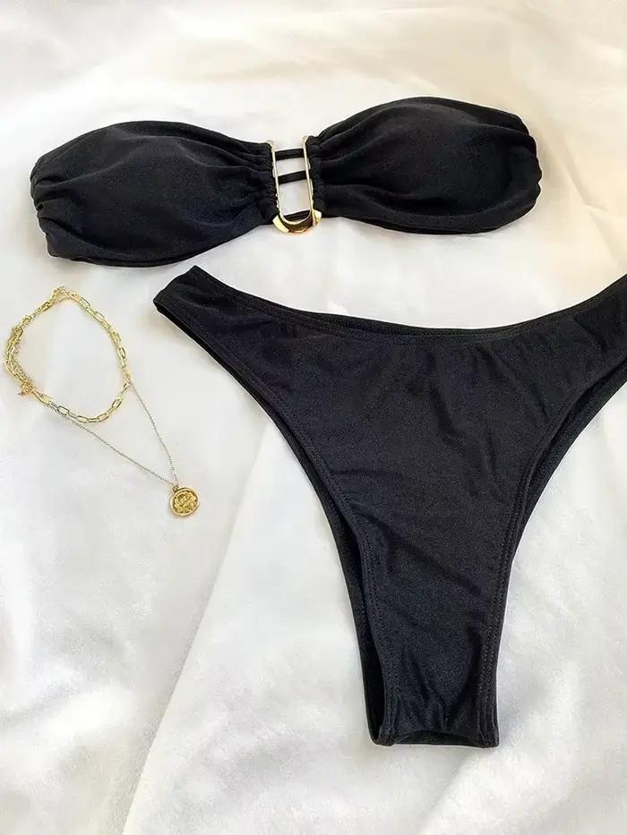 Maillot de bain deux pièces en métal pour femmes, bikini sexy, costume solide, monokini, 600