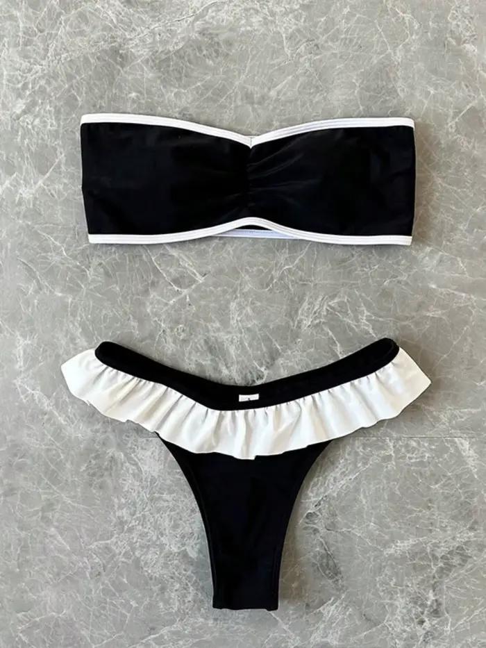 Maillot de bain femme sans bretelles, ensemble 2 pièces, couleur unie, patchwork, push-up, à volants