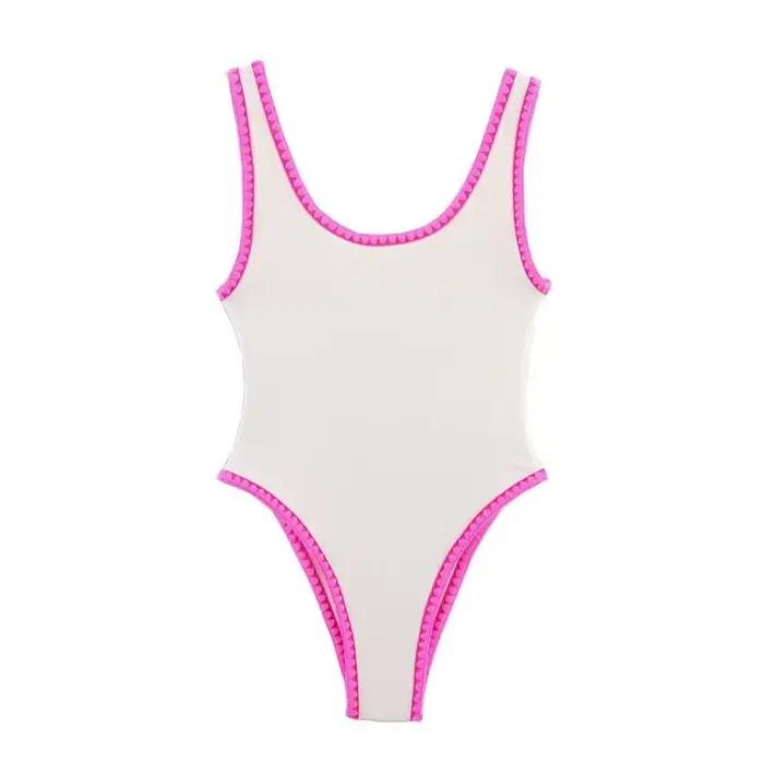 Maillot de bain une pièce pour femme, blanc et rose, avec bordure contrastée, style string à coupe h