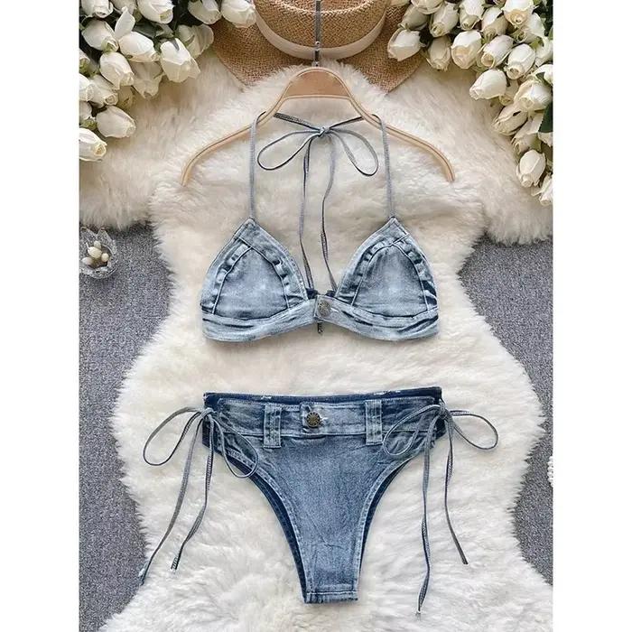 Circyy Maillot de bain sexy pour femme, ensemble bikini en jean bleu à lacets, dos nu, cordon de ser