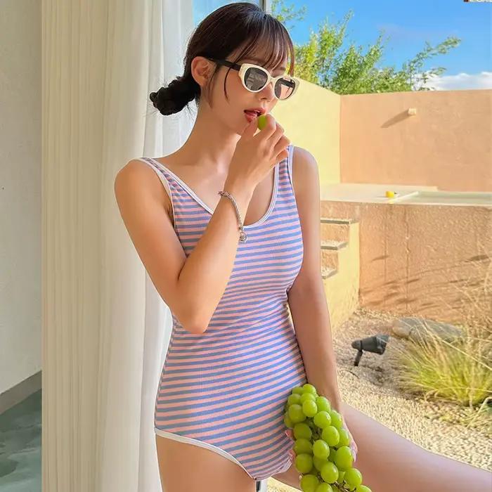 Maillot de bain une pièce à rayures, style coréen, sport, pour femmes, monokini, biquinis, tenue de 