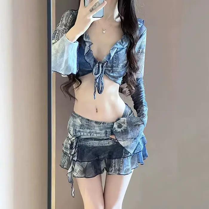 Bikini maillot de bain mode rétro Denim bleu Bikini quatre pièces femmes Sexy Lingerie Spa plage vac