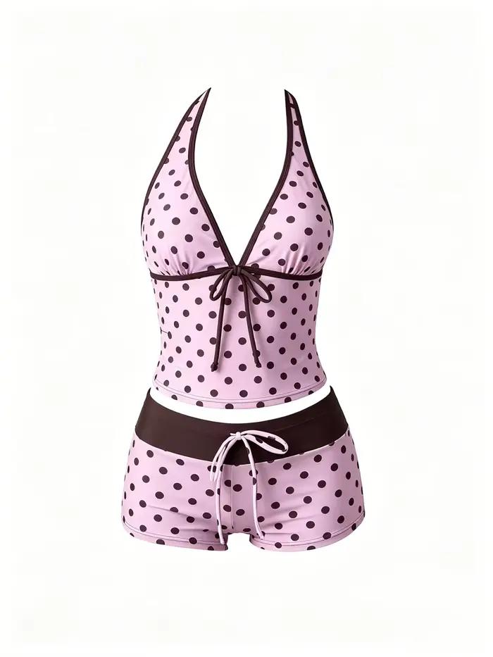 Ensemble bikini à pois kawaii, short tankini rose et marron, maillot de bain coréen pour femme, styl