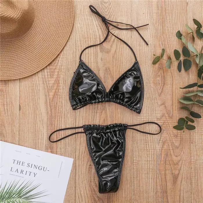 Maillot de bain en cuir PU brillant néon, soutien-gorge push-up, culotte tanga, micro, taille haute,