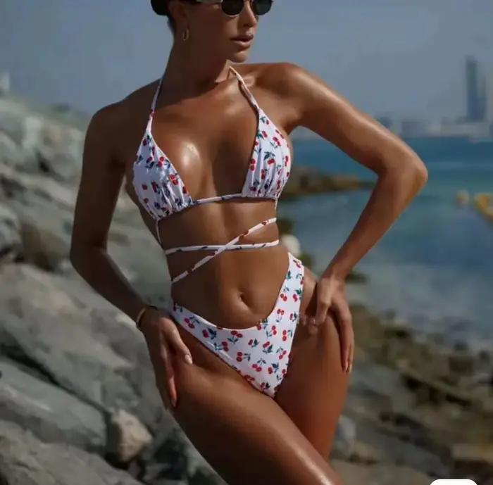 Maillot de bain brésilien imprimé léopard pour femmes, ensemble deux pièces, col licou, taille moyen