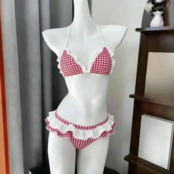 Ensemble de bikini imprimé à col halter pour femme, maillot de bain deux pièces à volants, style jap