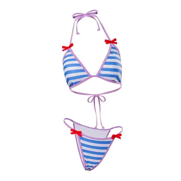 Ensemble de bikini à rayures bleues pour femmes, costume de cosplay Me Me Me, maillot de bain 2 pièc