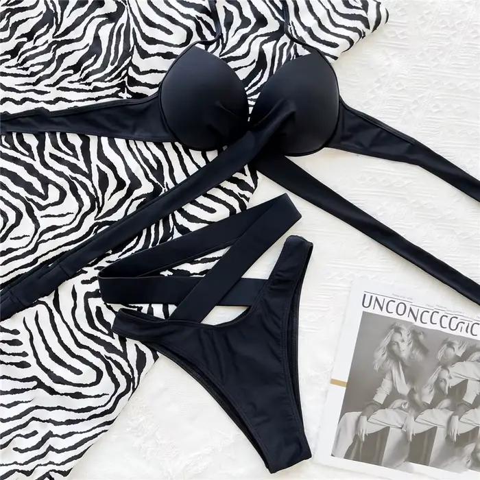 Maillot de bain brésilien noir, taille haute, soutien-gorge push up, col licou, string, bandage croi