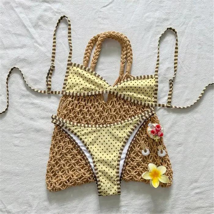Maillot de bain deux pièces à pois pour femme, taille S-XL, ensemble bikini rembourré à coupe haute,