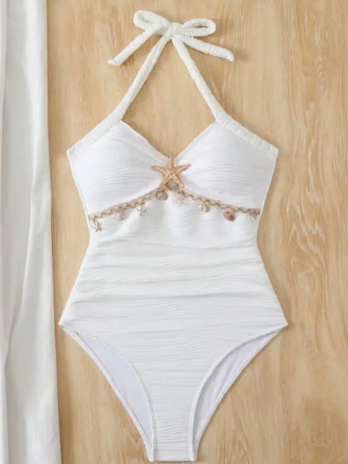 Maillot de bain une pièce blanc vintage 2026 pour femme, orné de coquillages et d'étoiles de mer, pl