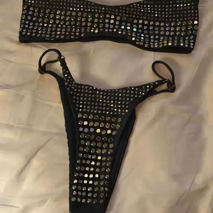 Luxe noir Bikini 2026 femmes Sexy diamant strass Push Up Mini maillot de bain brésilien plage maillo