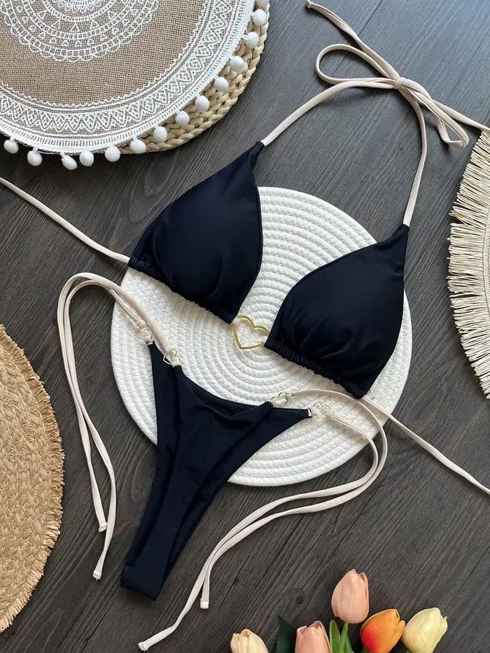 Ensemble bikini sexy uni pour femme, dos nu, taille basse, deux pièces, triangle, string, maillot de