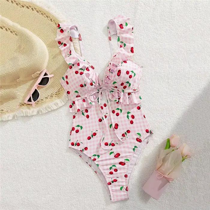 Doux rose cerise Plaid maillot de bain imprimé à volants une pièce Sexy maillot de bain femme 2026 é