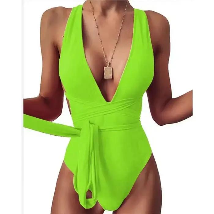 Maillot de bain une pièce pour femmes, Design couché à la taille, ajusté, dos nu, décolleté en V pro
