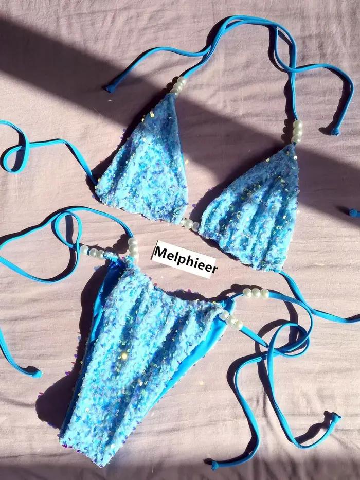 Melphieer Ensemble de bikinis 2 pièces pour femme, à paillettes et sequins, maillot de bain de luxe 