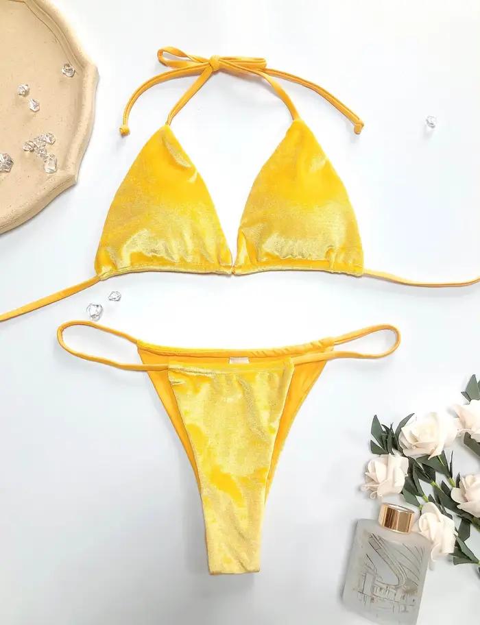 Maillot de bain sexy en velours pour femme, ensemble micro bikini, maillot de bain string, maillot d