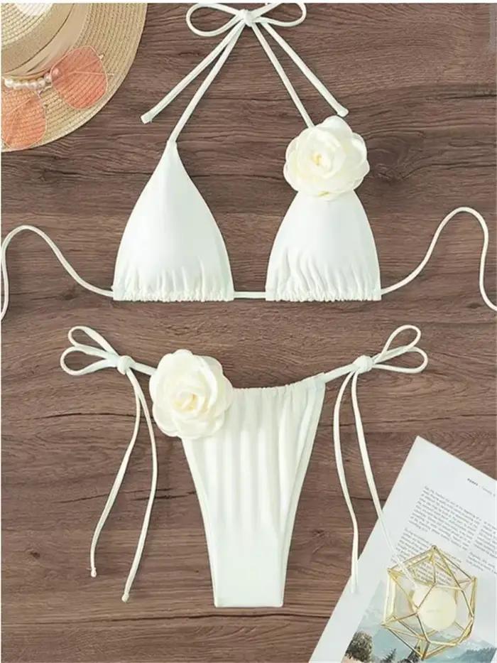 Maillot de bain sexy pour femmes, ensemble deux pièces, noir, blanc, imprimé floral 3D, micro, culot