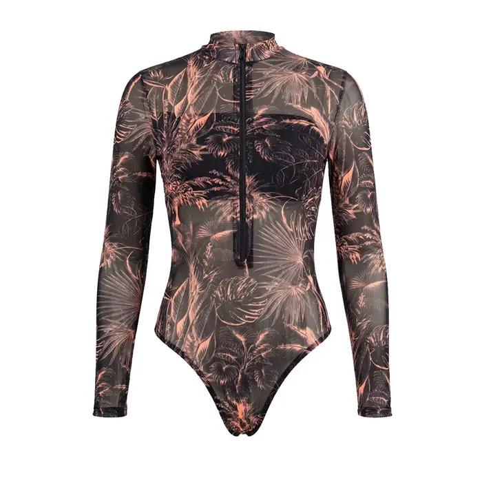 Maillot de bain une pièce pour femmes, maillot de bain imprimé feuilles, manches longues avec fermet