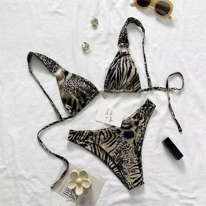Maillot de bain brésilien léopard pour femmes, ensemble deux pièces, coupe haute, rembourré, M132