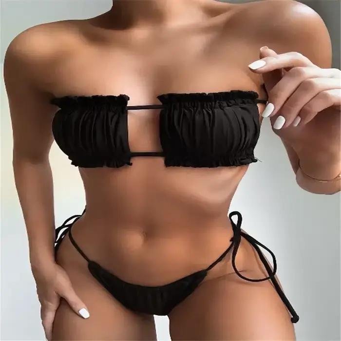 Maillot de bain plissé pour femmes, Mini, tanga, Bikini, ensemble deux pièces, vêtements de plage, p