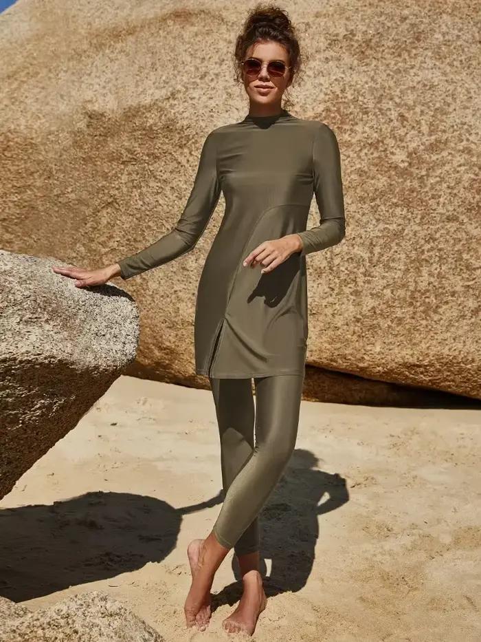 Maillot de bain musulman arabe 2026 pour femme, burkini islamique modeste, uni, à manches longues, a