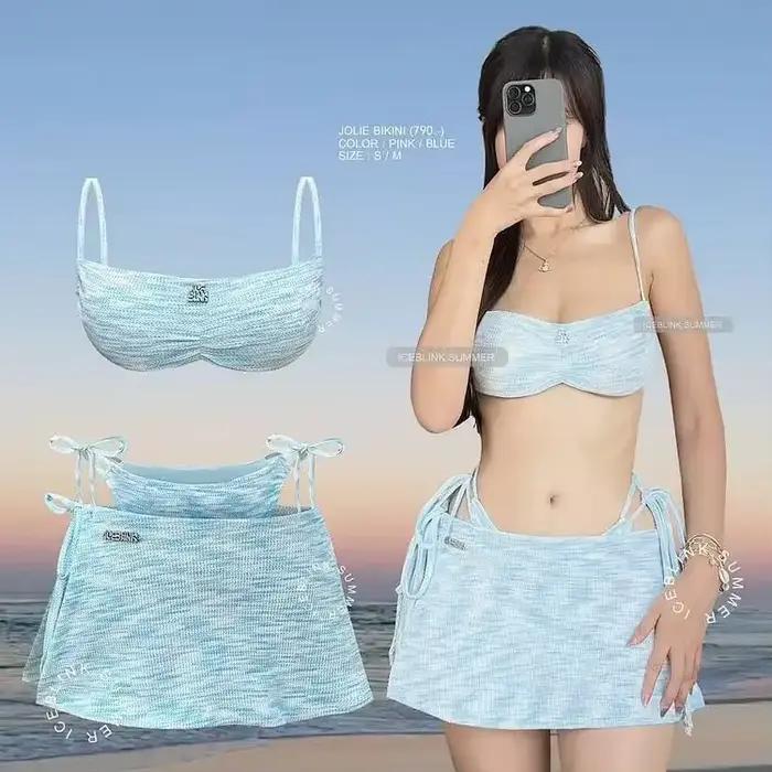 Bikini côtelé rose pour femme avec jupe, maillot de bain trois pièces rembourré pour les vacances à 