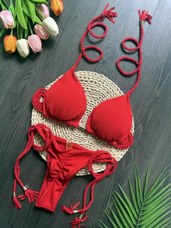 RUOTONSEPT 2026 Maillot de bain sexy pour femme, ensemble bikini deux pièces avec corde tressée, mai