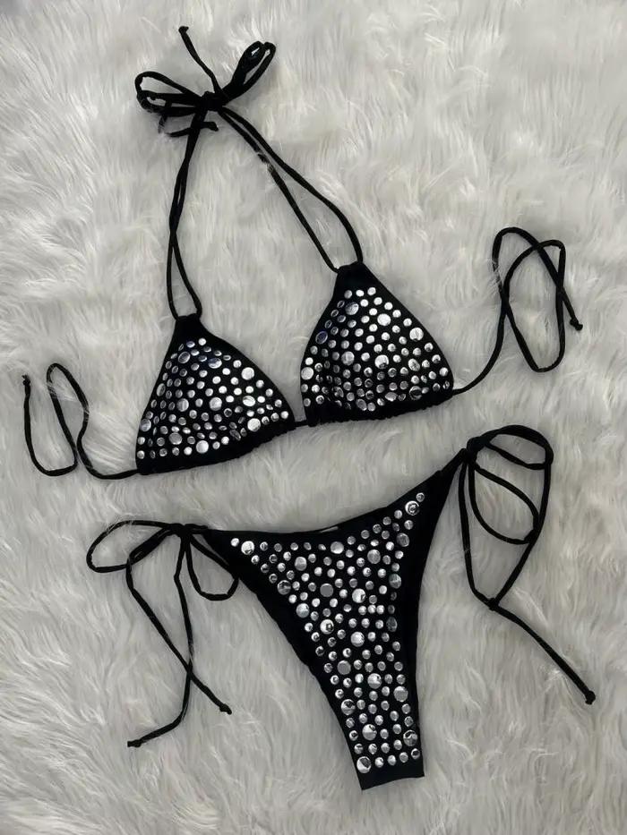 DEKA luxe noir diamant Bikini femmes Sexy strass Push Up Mini maillot de bain brésilien plage maillo