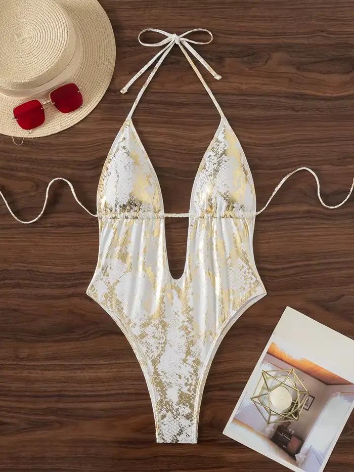 Maillot de bain une pièce pour femme, motif peau de serpent, col licou, décolleté plongeant, coupe h